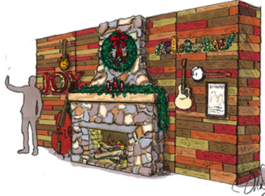 Rendering of a country Christmas fireplace wall photo op