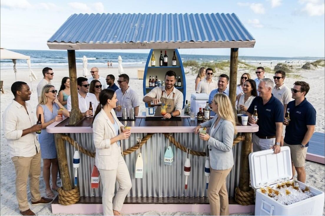 Marina-themed bar with dinghy boat back bar hutch