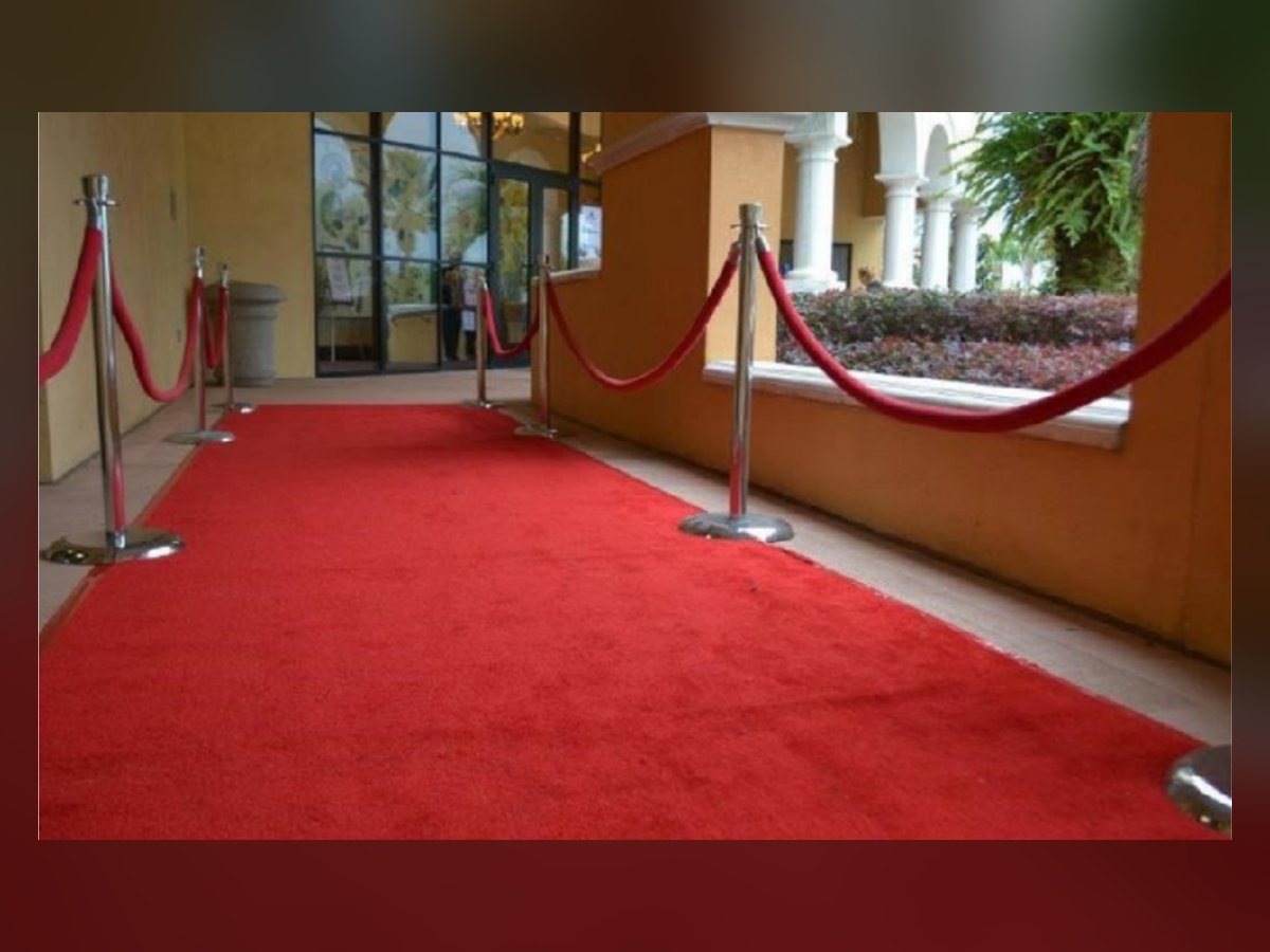 Red carpet runner lined with chrome stanchions and red velvet ropes