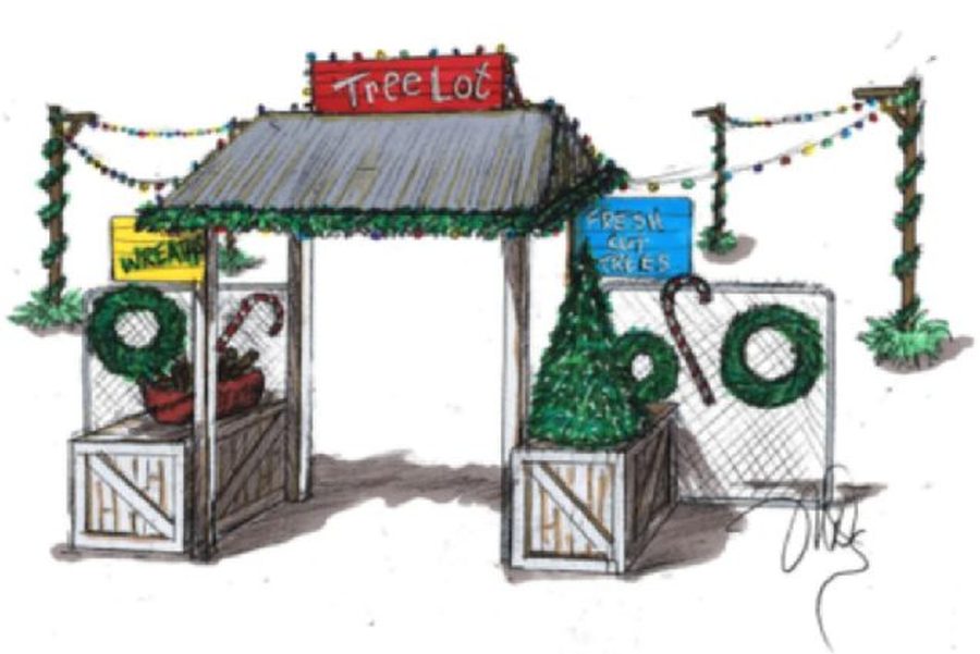 Rendering of a Christmas tree lot entry with wreaths and lights