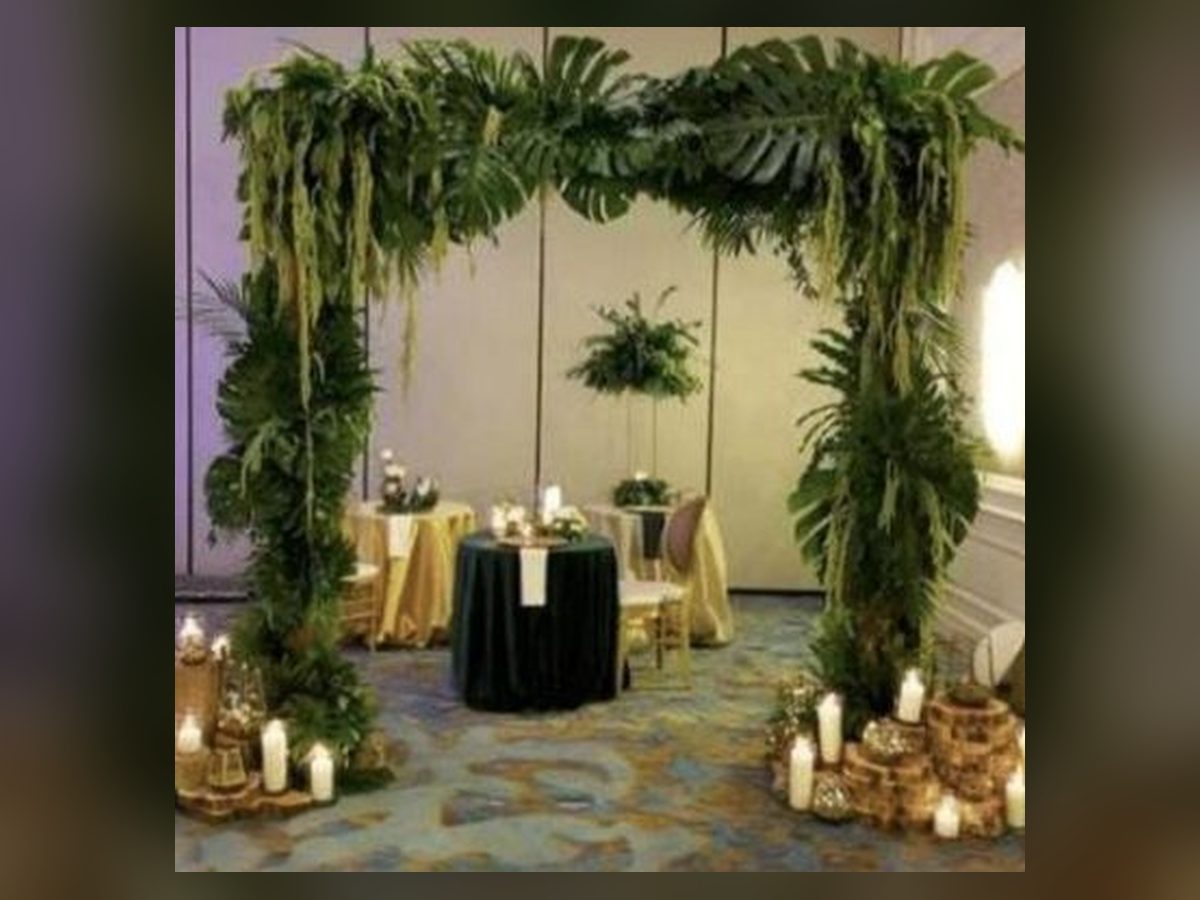 Lush tropical foliage arch entry