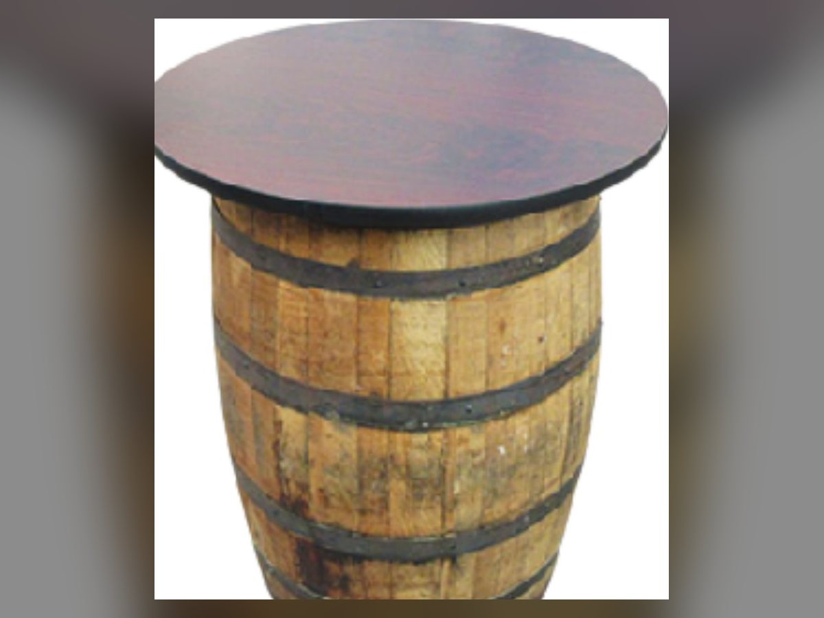 Whiskey barrel highboy with round wood top