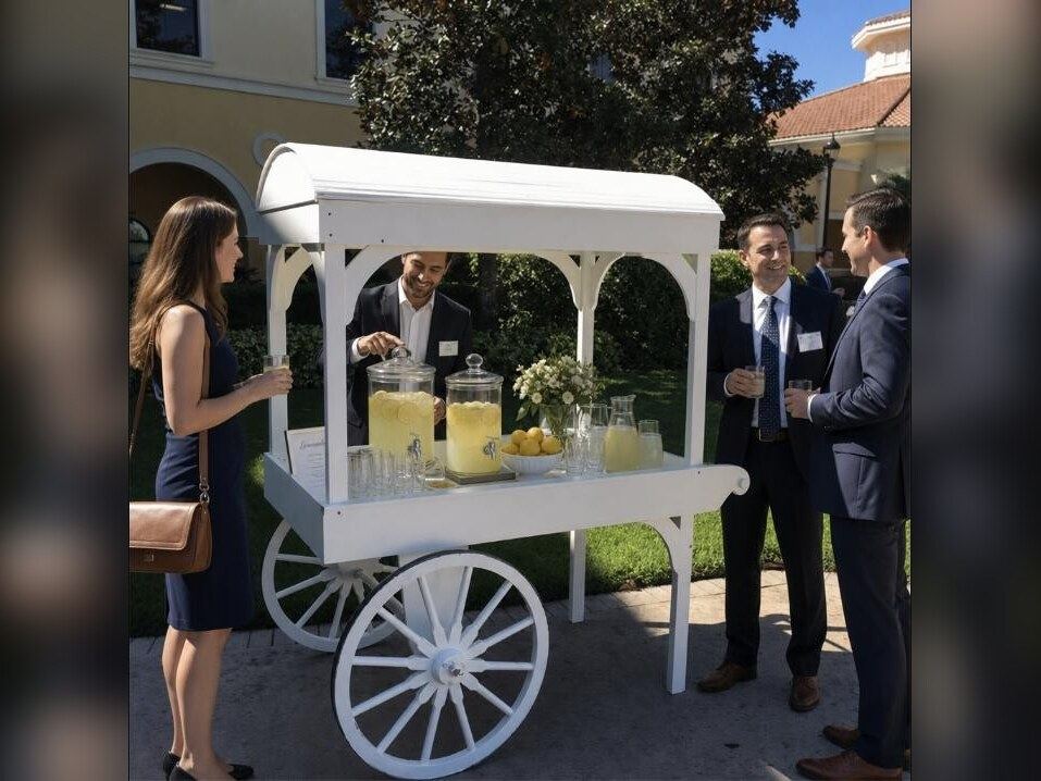 White vendor cart with striped canopy