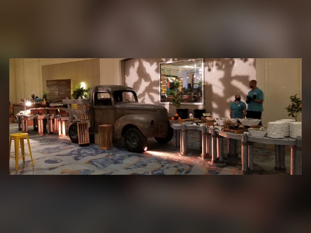 Curved rustic wooden serpentine buffet